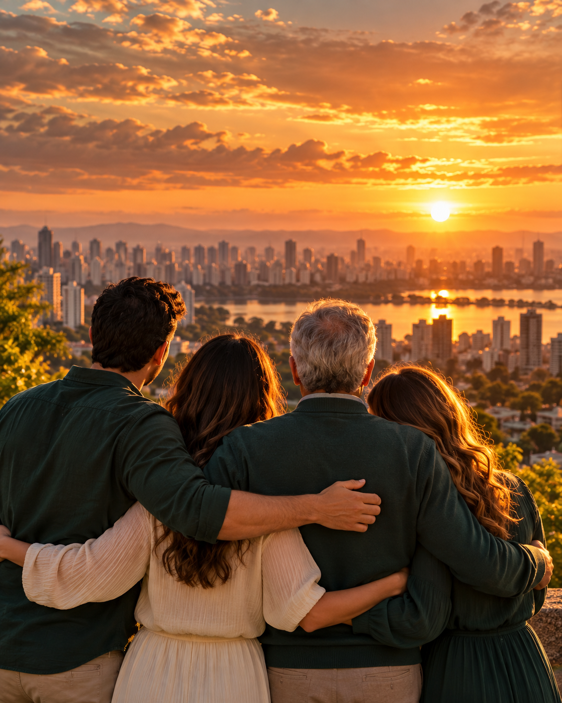 Família de costas, abraçada, contemplando a cidade ao pôr do sol